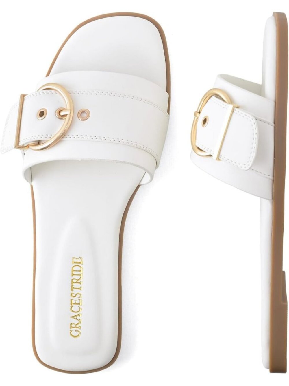 Women's White Summer Fashion Square Open Toe Slip On Slides Soft Flats Sandals